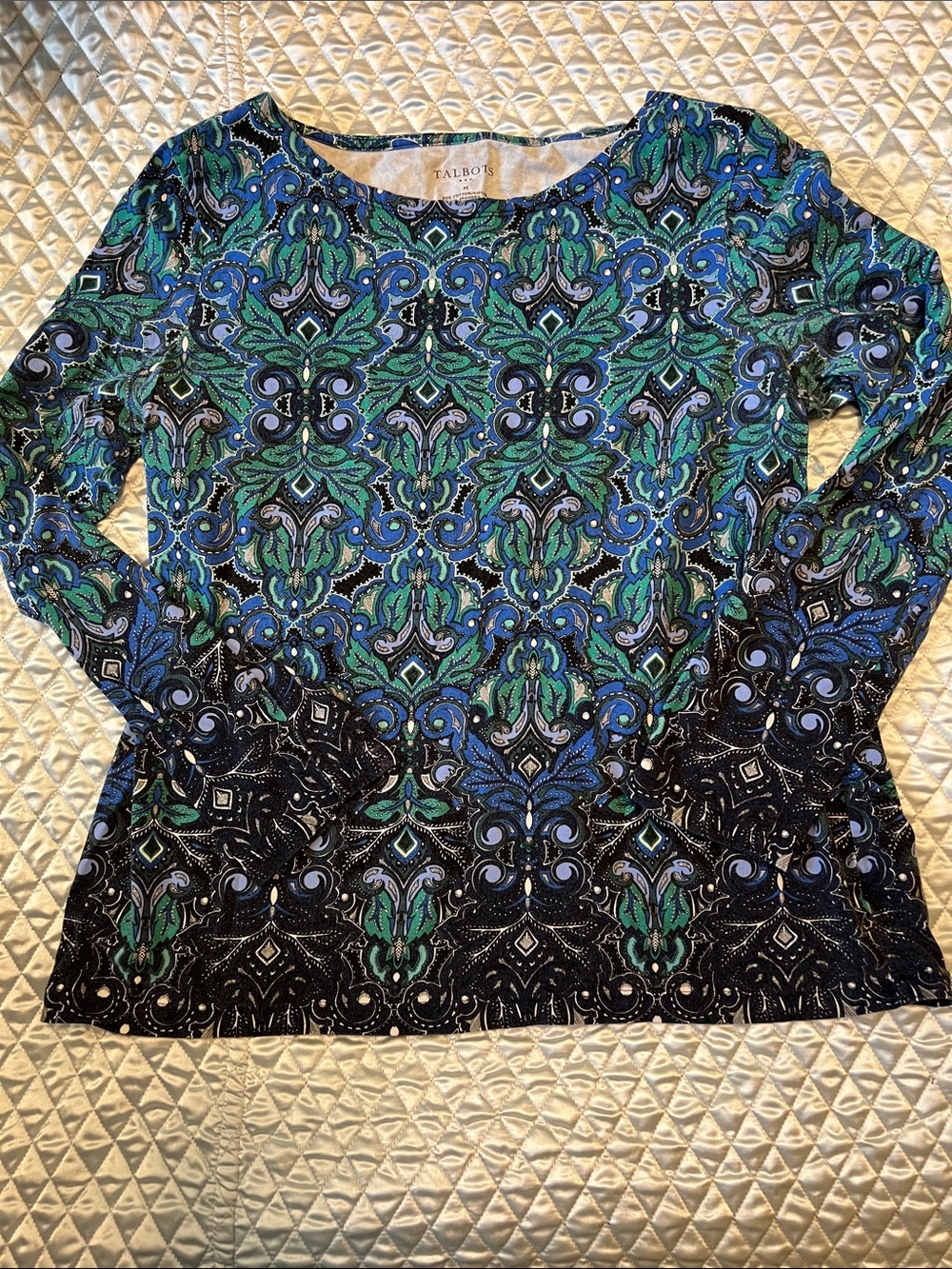 Talbots Blue Green Black Patterned Long Sleeve Tee